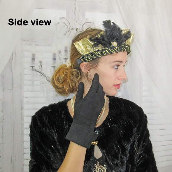 Flapper style softly ruffled gold lame fabric headband on black/gold braid band - Picture 10 of 15